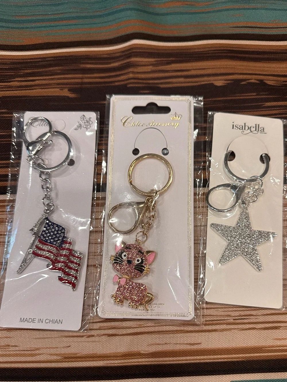 Purse Charm Bundle Patriotic Flag, Pink Kitty & Glitter Star Keychain Set